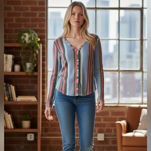 EUC HIATUS  Vertical Stripe Waffle Knot Button Up Long Sleeve V Neck Top -Size L